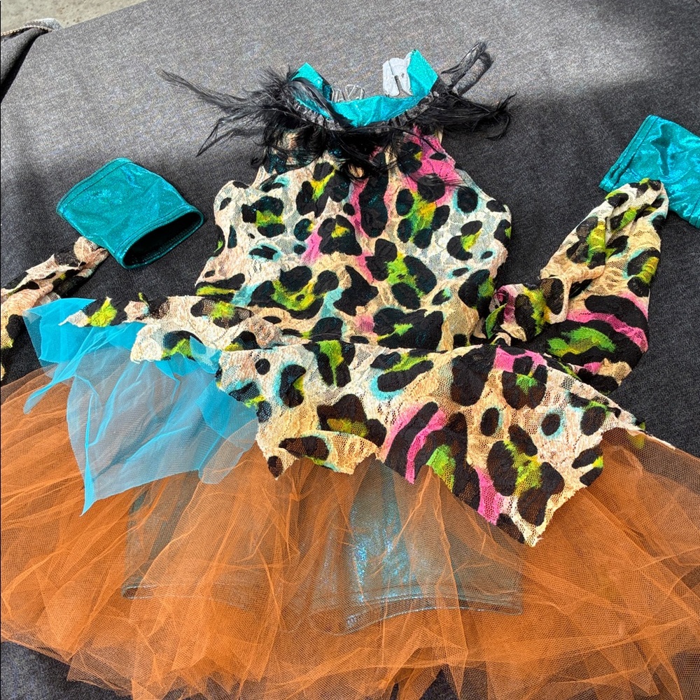 Unbranded Kids Neon Leopard Tulle Halloween Costume in Orange and Teal